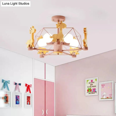 Giraffe 5-Head Kids Semi Flush Mount Wire Frame Ceiling Light For Childs Bedroom - Metallic Finish