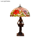 Girl Reading Book Table Lamp - Resin Pull-Chain Nightstand Light With Sunflower Red/Orange Glass