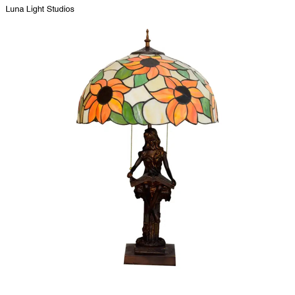 Girl Reading Book Table Lamp - Resin Pull-Chain Nightstand Light With Sunflower Red/Orange Glass