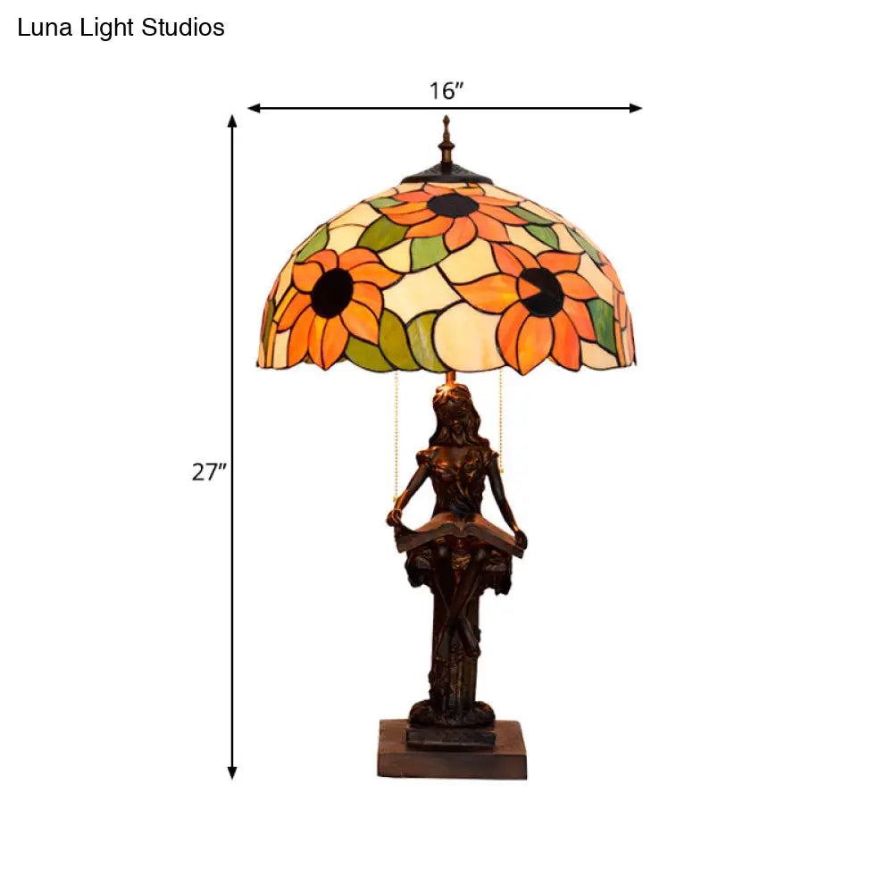 Girl Reading Book Table Lamp - Resin Pull-Chain Nightstand Light With Sunflower Red/Orange Glass