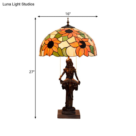 Girl Reading Book Table Lamp - Resin Pull-Chain Nightstand Light With Sunflower Red/Orange Glass