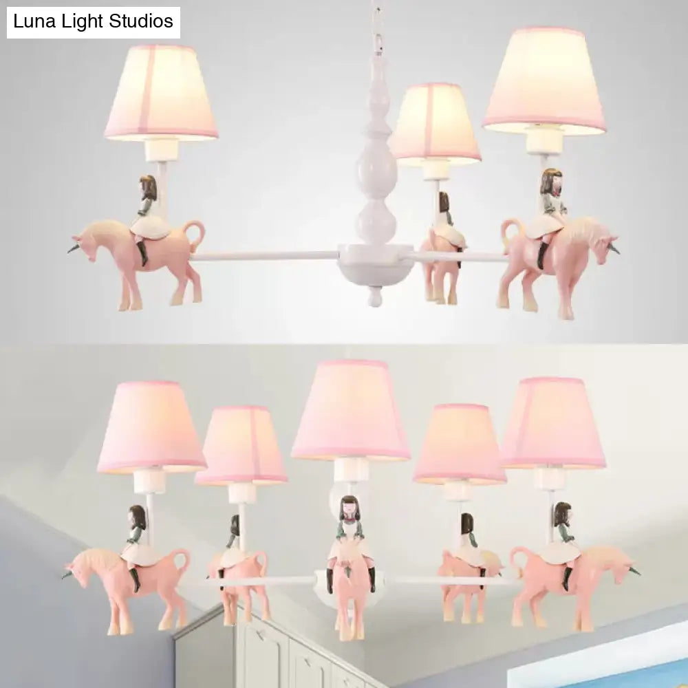 Girls Bedroom Carousel Chandelier - Pink Hanging Light With Fabric Shade