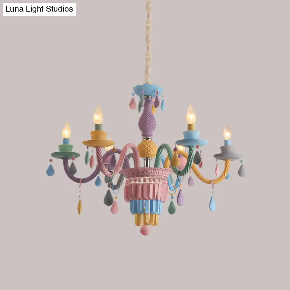 Girls Bedroom Pendant Lighting: Kids Crystal Chandelier With Curved Arm - Pink 3/5/6-Bulb Option