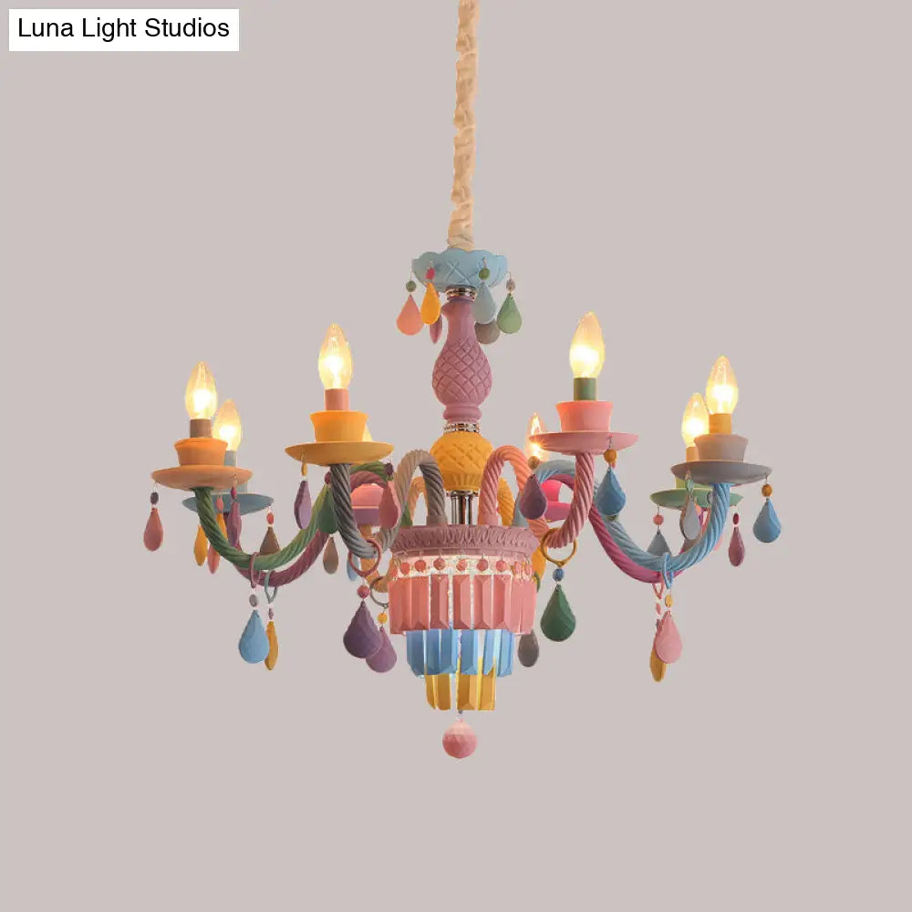 Girls Bedroom Pendant Lighting: Kids Crystal Chandelier With Curved Arm - Pink 3/5/6-Bulb Option