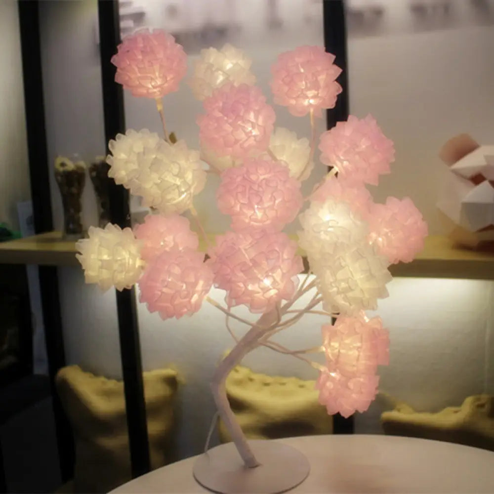 Girls Floral Usb Nightstand Lamp - Elegant Tulle Decor And Led Lighting Pink-White /