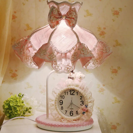 Girls Pink Scalloped Night Light With Clock Design Fabric Nightstand Lamp
