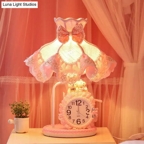 Girls Pink Scalloped Night Light With Clock Design Fabric Nightstand Lamp