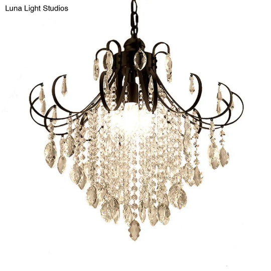 Glam Teardrop Pendant Light With Metal Curved Arm And Cascading Crystal Strands