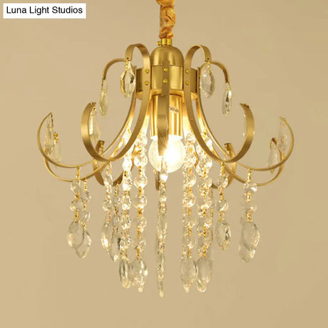 Glam Teardrop Pendant Light With Metal Curved Arm And Cascading Crystal Strands