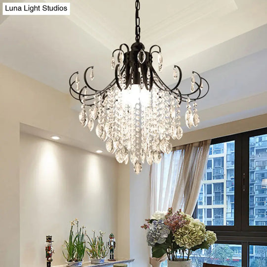 Glam Teardrop Pendant Light With Metal Curved Arm And Crystal Strands Chandelier Black