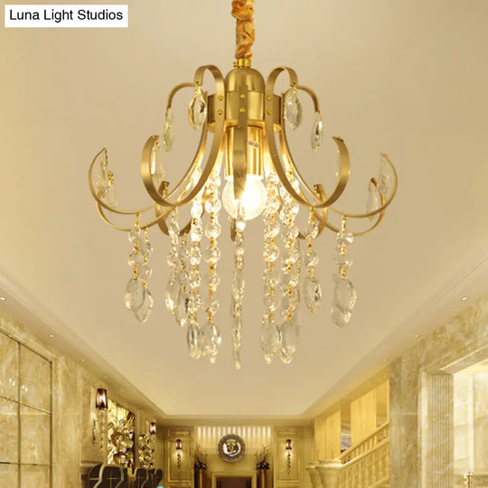 Glam Teardrop Pendant Light With Metal Curved Arm And Crystal Strands Chandelier Gold