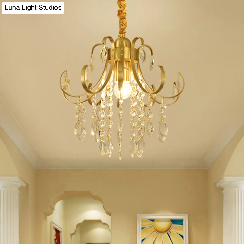 Glam Teardrop Pendant Light With Metal Curved Arm And Cascading Crystal Strands