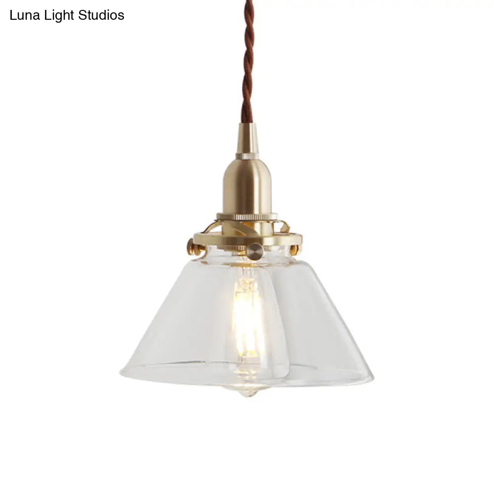 Glass Brass Pendant Lamp - Rustic Cone Design With Clear Sleek/Ribbed Finish 1 Light Down Lighting