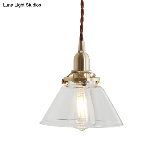 Glass Brass Pendant Lamp - Rustic Cone Design With Clear Sleek/Ribbed Finish 1 Light Down Lighting