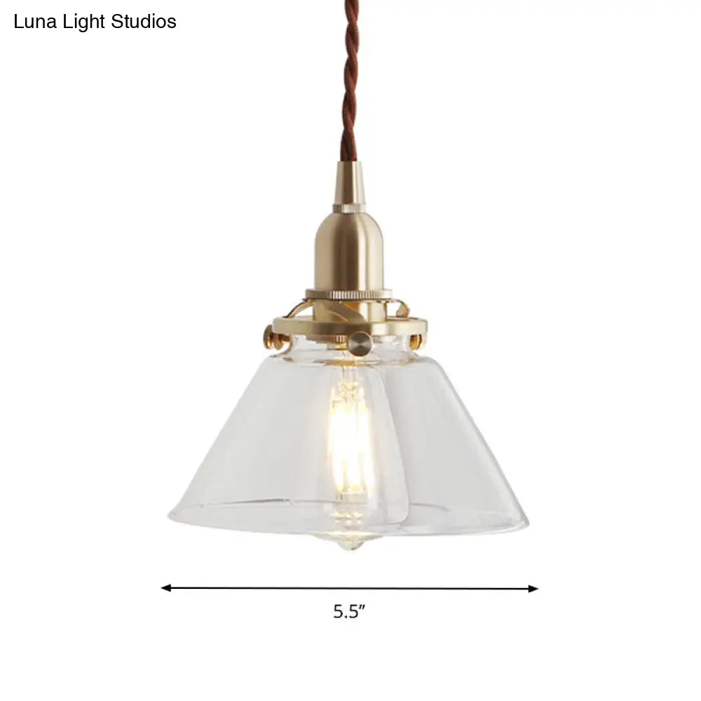 Clear Sleek Glass Brass Pendant Lamp - Rustic Cone 1-Light Down Lighting For Dining Room