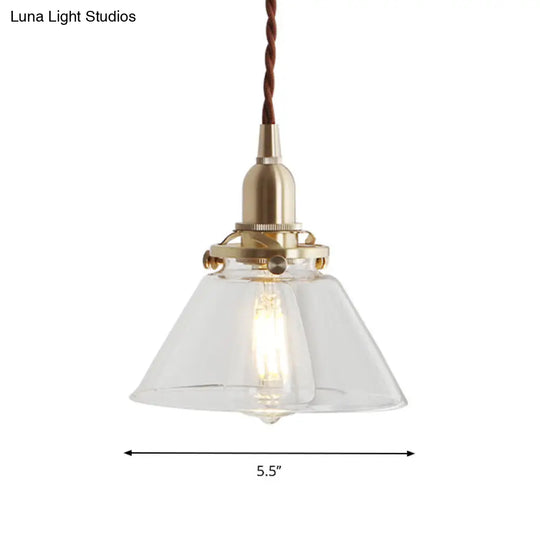 Clear Sleek Glass Brass Pendant Lamp - Rustic Cone 1-Light Down Lighting For Dining Room