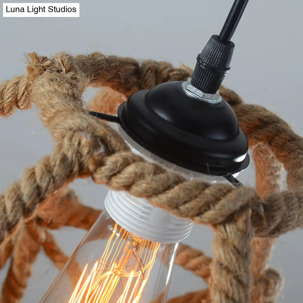 Globe Cage Hemp Rope Pendant Light - Antique Brown Finish 1-Light Fixture For Restaurants