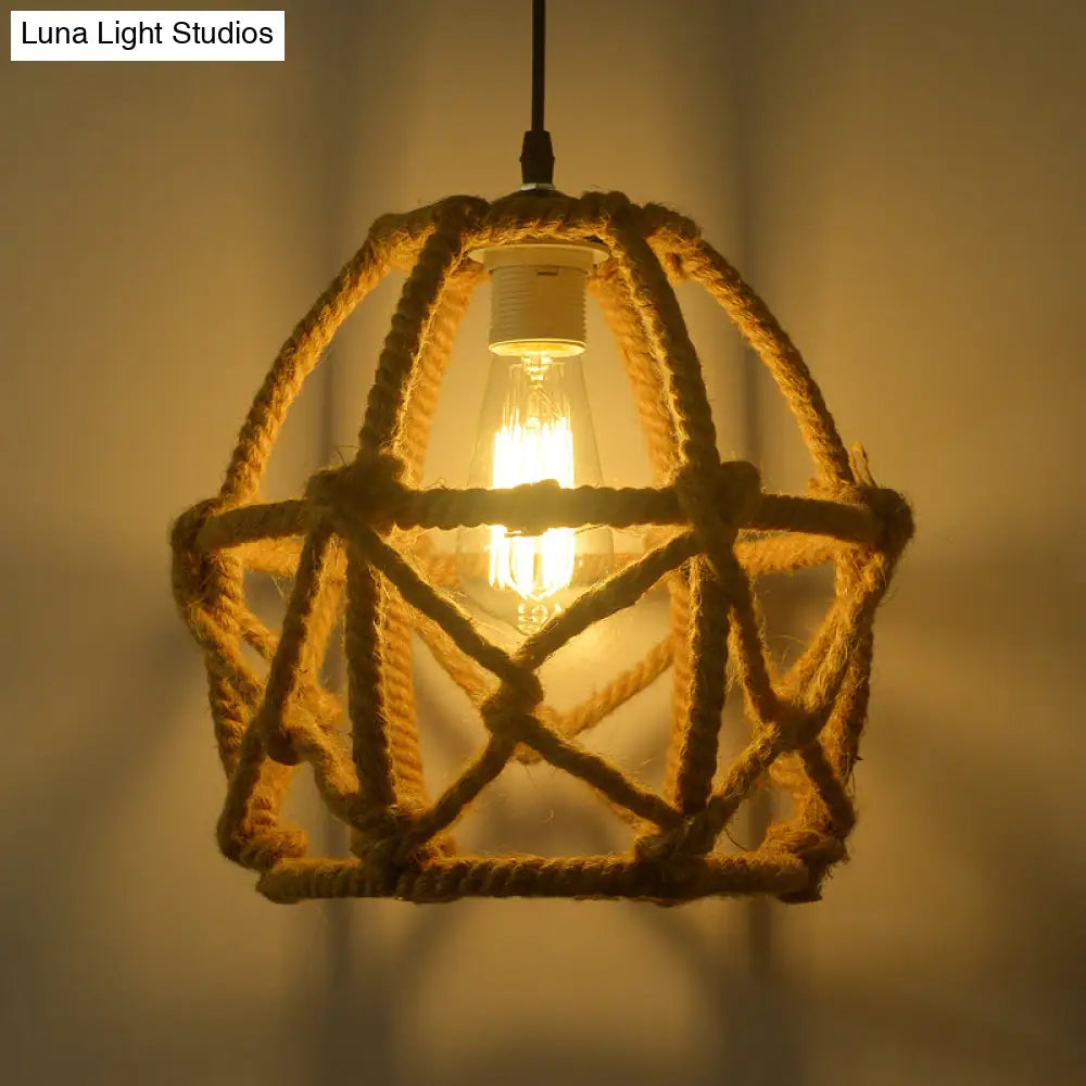 Globe Cage Hemp Rope Pendant Light - Antique Brown Finish 1-Light Fixture For Restaurants