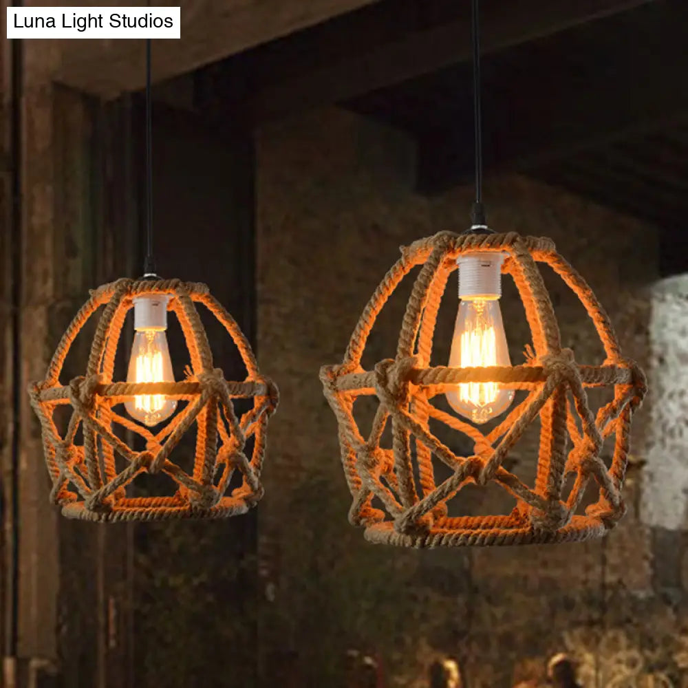 Globe Cage Pendant Light With Hemp Rope Detail - Antique Brown Restaurant Hanging Fixture