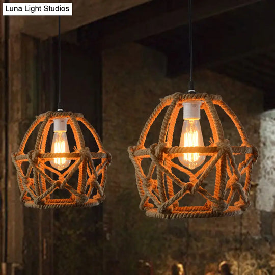 Globe Cage Pendant Light With Hemp Rope Detail - Antique Brown Restaurant Hanging Fixture