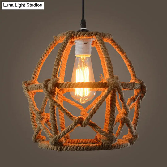Globe Cage Pendant Light With Hemp Rope Detail - Antique Brown Restaurant Hanging Fixture