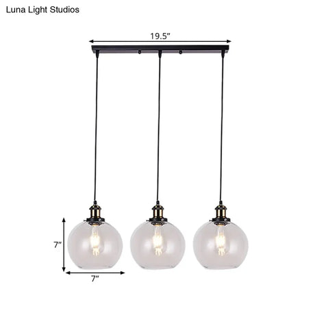 Globe Clear Glass Pendant Industrial Lighting - 3-Light Linear Canopy For Living Room