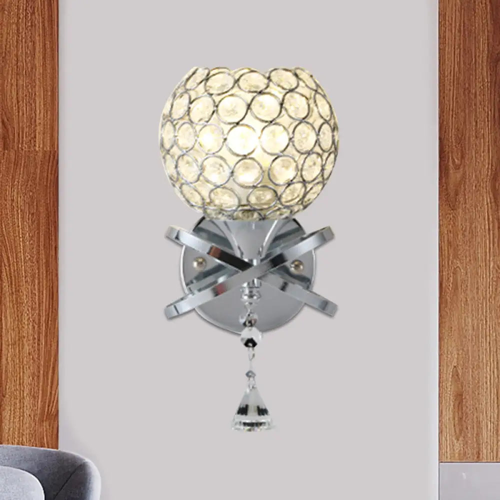 Globe Cutout Metal Shade Crystal Wall Sconce In Gold With Dropped Ball Accent Silver