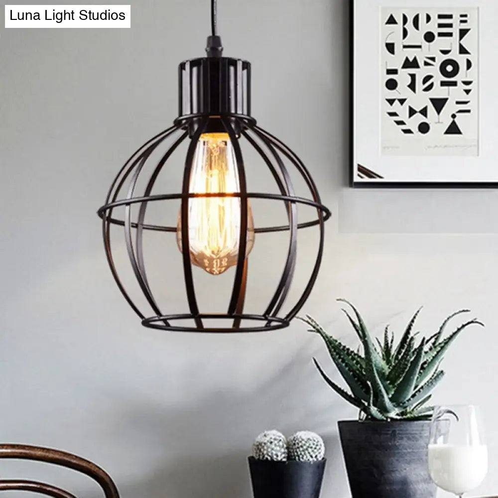Black Industrial Single Light Pendant Lamp - Globe Metal Hanging For Dining Room