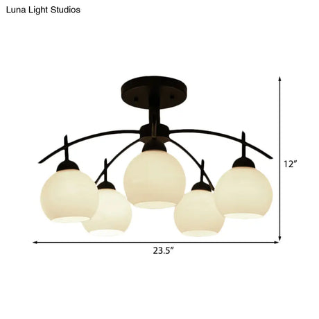 Globe White Glass Semi Flush Traditional Living Room Ceiling Light Fixture In Black With 3/5/6