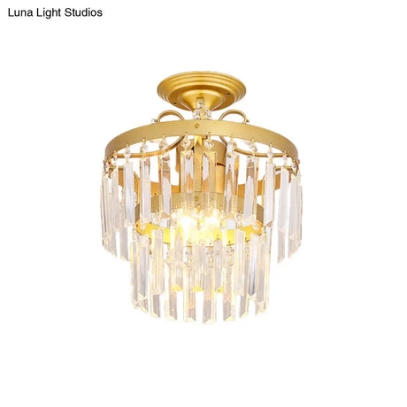 Gold 2 - Layer Crystal Semi Flush Mount Light Fixture With 3/5 Bulbs - Postmodern Style For Living