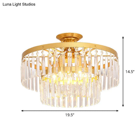 Gold 2 - Layer Crystal Semi Flush Mount Light Fixture With 3/5 Bulbs - Postmodern Style For Living