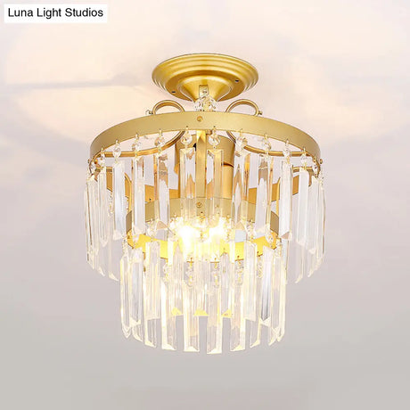 Gold 2 - Layer Crystal Semi Flush Mount Light Fixture With 3/5 Bulbs - Postmodern Style For Living