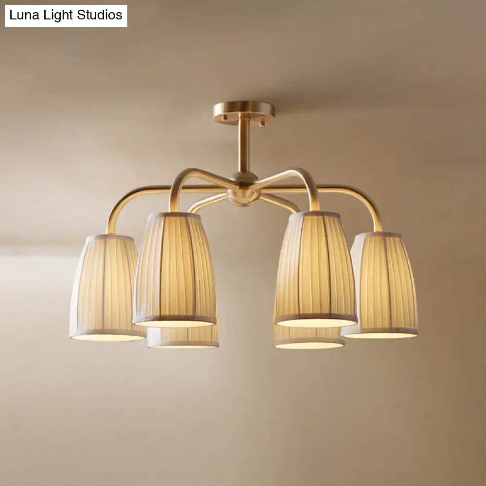 Gold 6-Light Flush Chandelier With Countryside Gathering Fabric And Bell Shaped Design