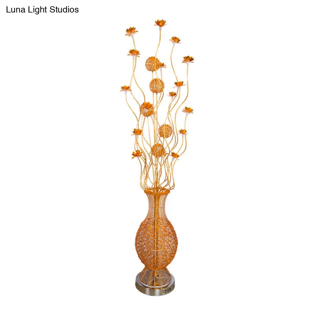 Gold Aluminum Led Oval Twig Floor Lamp With Flower Art Decor