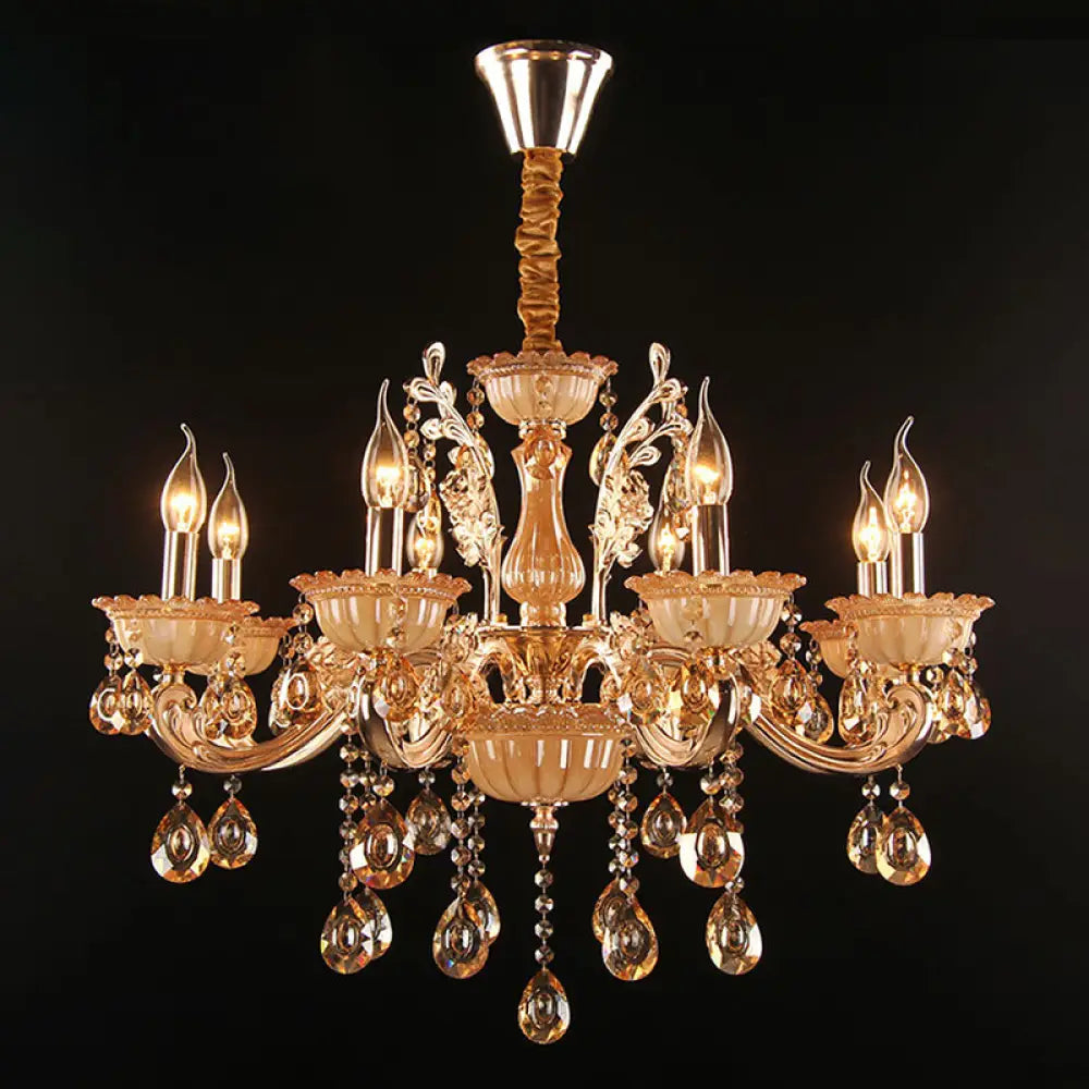 Gold Amber Glass Candle Chandelier With Crystal Decor - Traditional Living Room Suspension Light 8 /