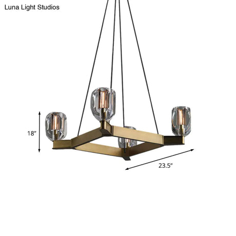 Gold Antiqued Hanging Square Chandelier Pendant With 4 Bulbs & Crystal Flower Design