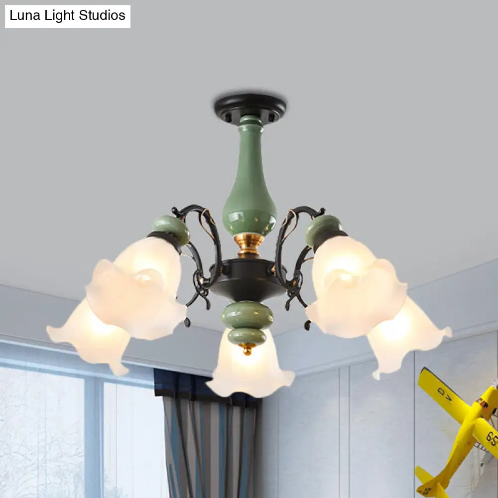 Gold/Black Floral Semi Mount Opal Glass Ceiling Lamp With 3/5 Traditional Lighting Heads - Perfect