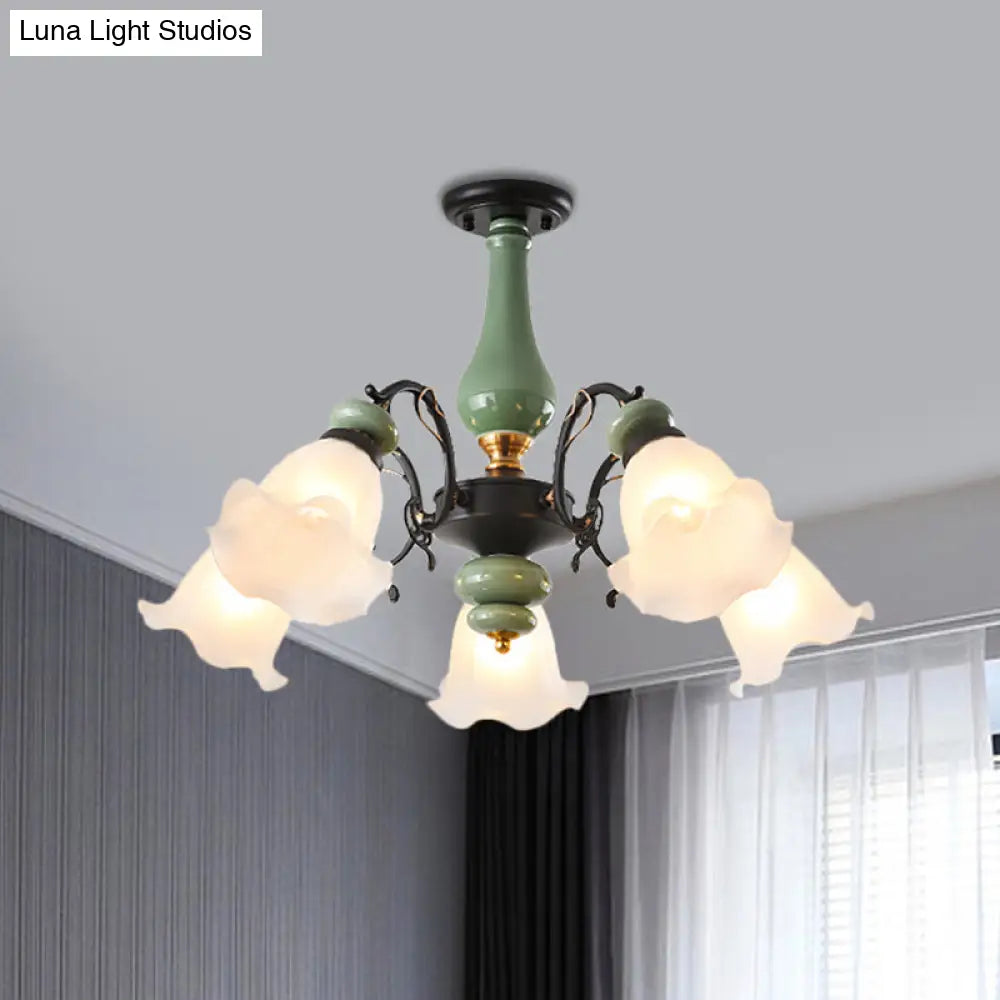 Gold/Black Floral Semi Mount Opal Glass Ceiling Lamp With 3/5 Traditional Lighting Heads - Perfect