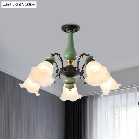 Gold/Black Floral Semi Mount Opal Glass Ceiling Lamp With 3/5 Traditional Lighting Heads - Perfect