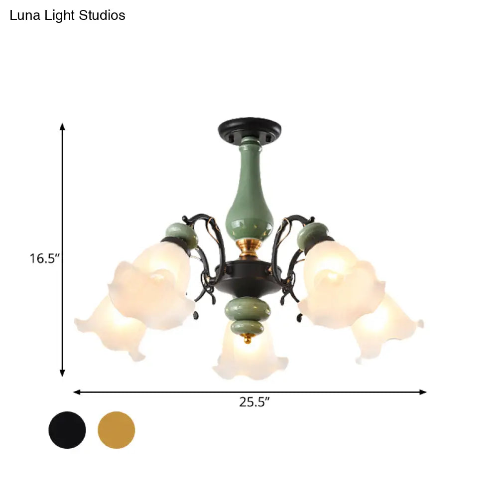 Gold/Black Floral Semi Mount Opal Glass Ceiling Lamp With 3/5 Traditional Lighting Heads - Perfect