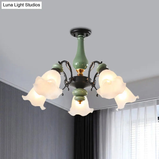 Gold/Black Floral Semi Mount Opal Glass Ceiling Lamp With 3/5 Traditional Lighting Heads - Perfect