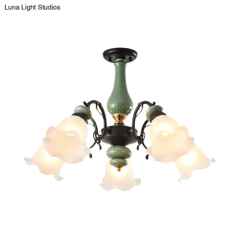 Gold/Black Floral Semi Mount Opal Glass Ceiling Lamp With 3/5 Traditional Lighting Heads - Perfect