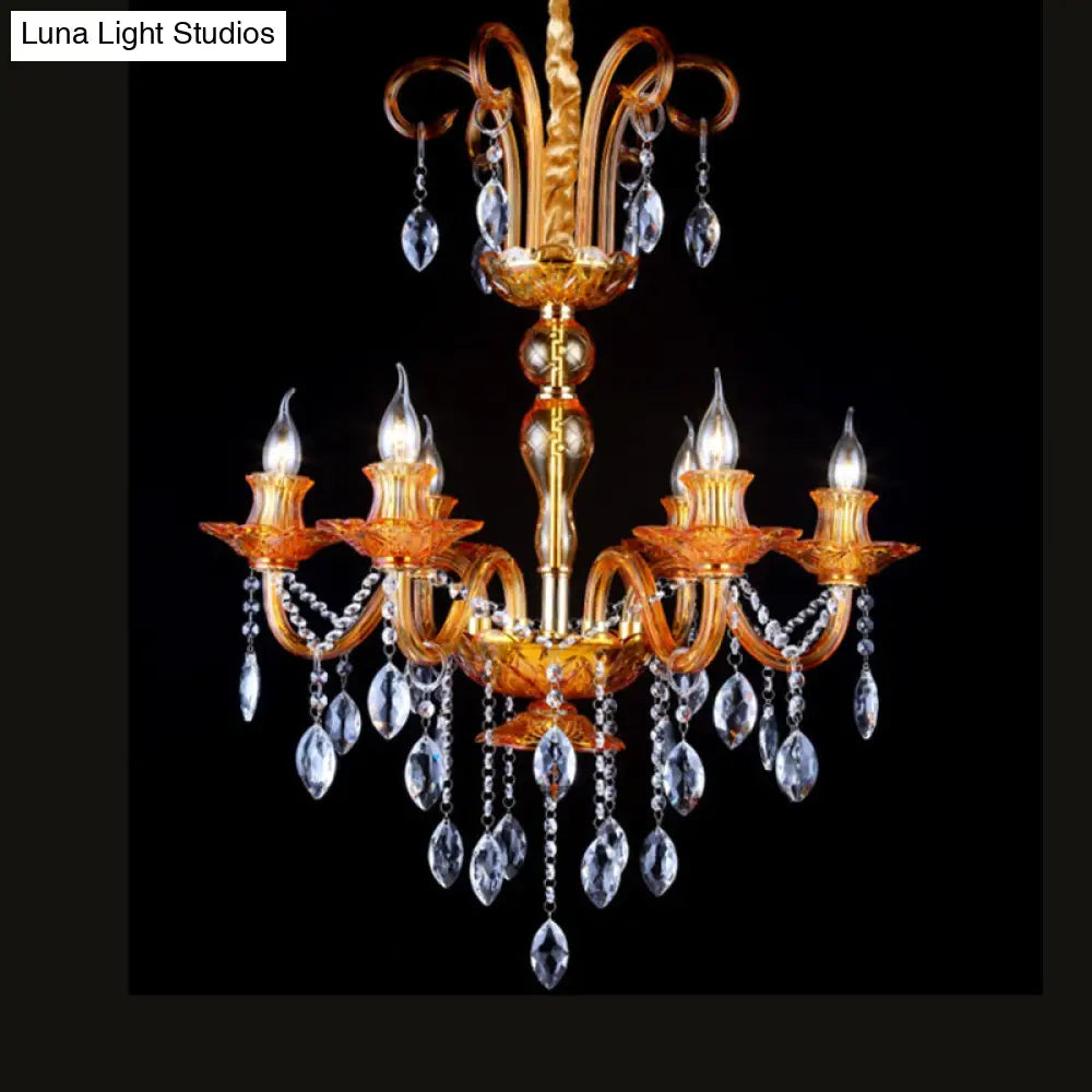 Gold Candle Chandelier With Prism Glass: Traditional Lighting Fixture For Dining Room