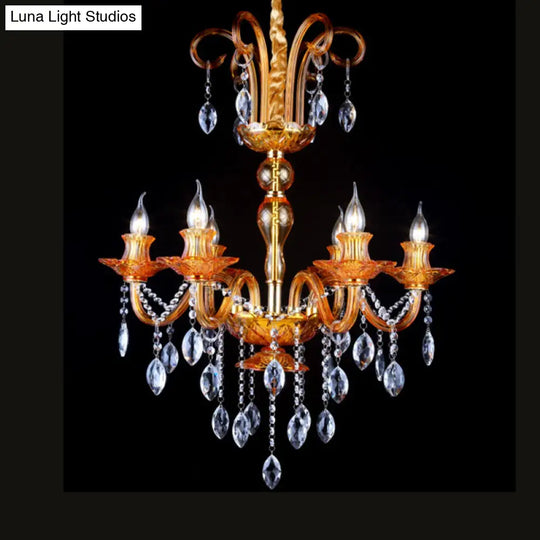Gold Candle Chandelier With Prism Glass: Traditional Lighting Fixture For Dining Room