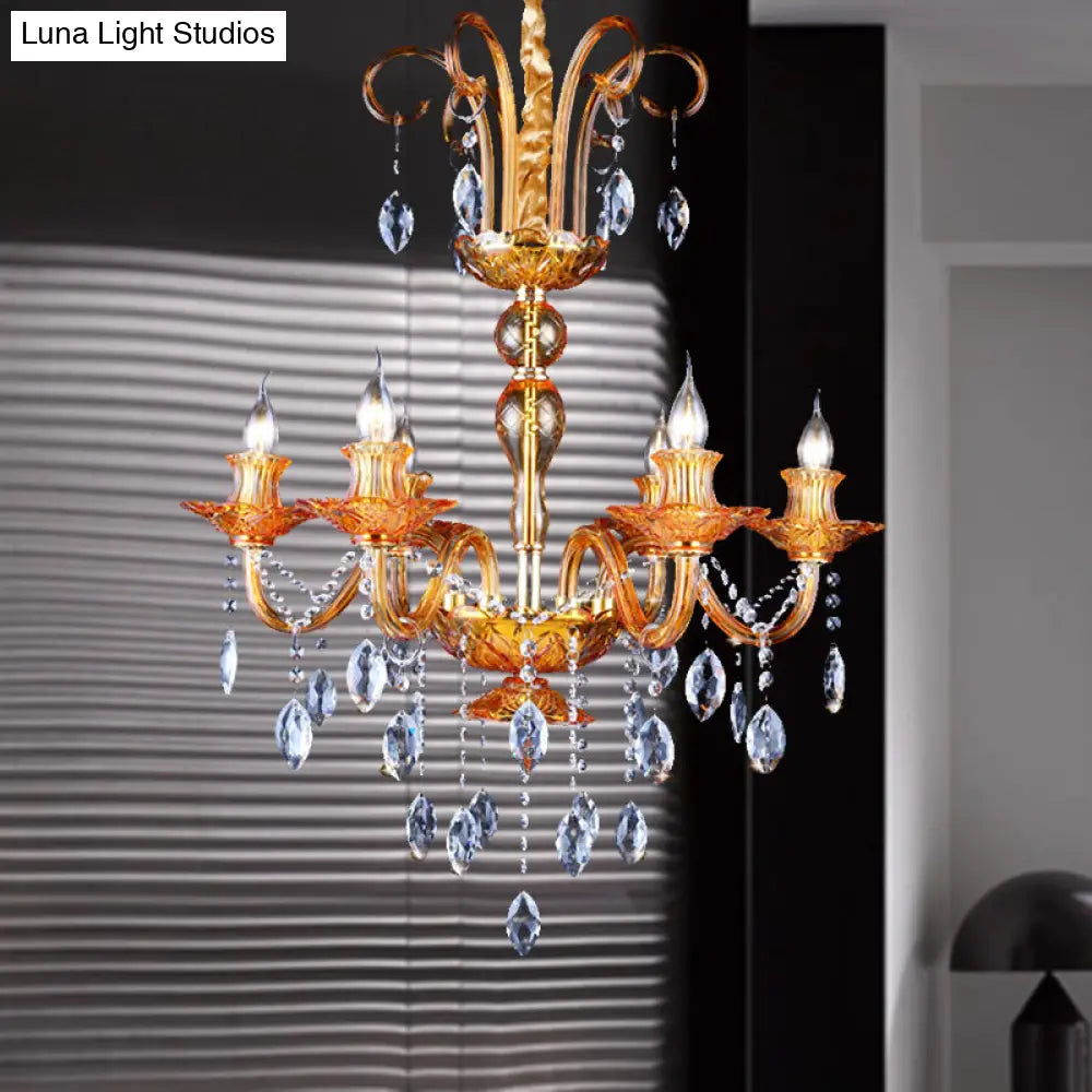 Gold Candle Chandelier With Prism Glass: Traditional Lighting Fixture For Dining Room
