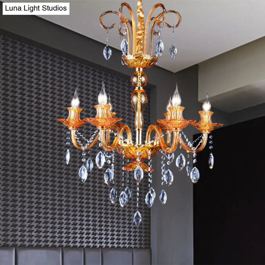 Gold Candle Chandelier With Prism Glass: Traditional Lighting Fixture For Dining Room