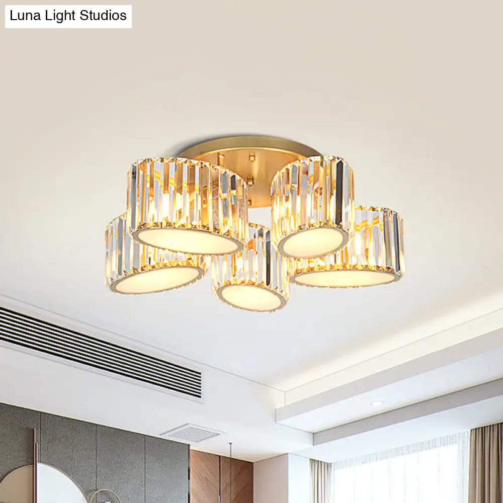 Gold Carved Crystal Semi - Flush Ceiling Lamp With Oval/Teardrop Design And 5 Lights