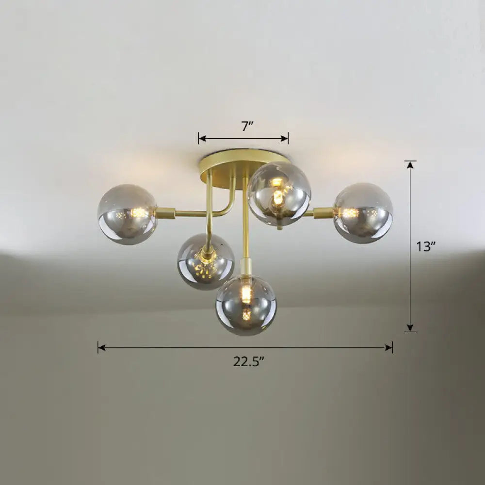 Gold Ceiling Semi-Flush Mount Light For Living Room With Ball Glass Design 5 / Smoke Gray