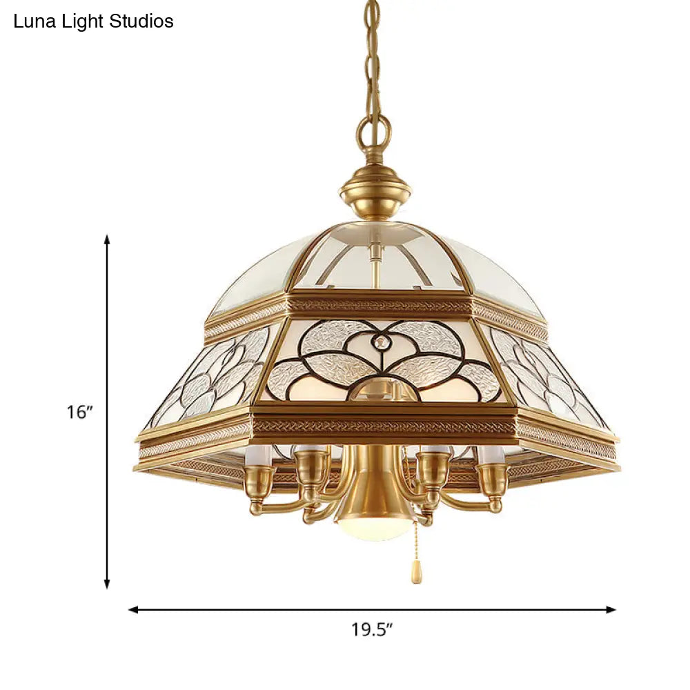 Gold Chandelier Dome With Sandblasted Glass - 6/7 Lights Down Lighting Pendant For Living Room