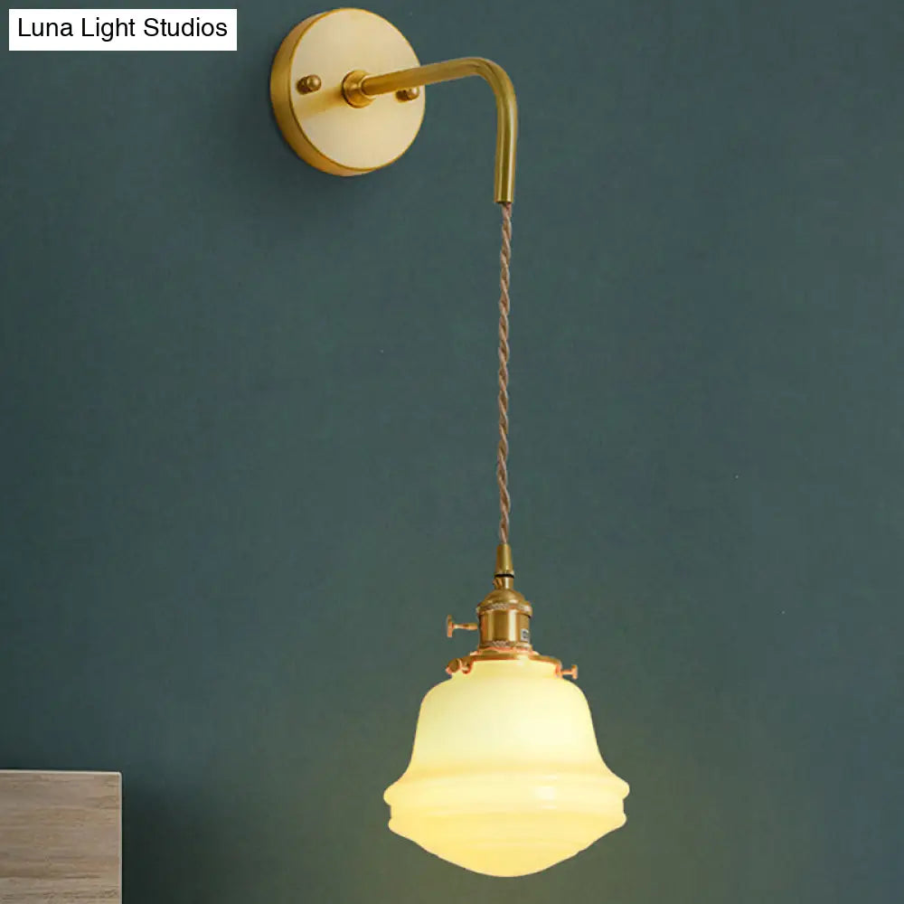 Gold Colonial Bell Sconce Lighting - Milky Glass Bedroom Wall Mounted Light Cord/Straight Arm 1 Bulb